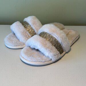 Michael Kors Alexis Faux Fur and Metallic Signature Logo Slide Sandal